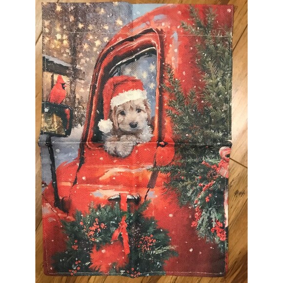 Christmas Garden Flag 12x18in Double-sided Burlap Dog with Santa Hat - Picture 1 of 1